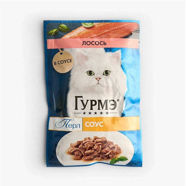 پوچ گربه گورمت روسی با طعم میگو و ماهی سالمون در سس محصول کشور روسیه(روسی نویس)